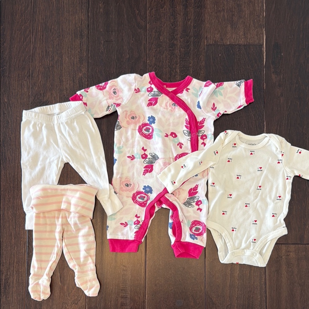 Baby Girl Bundle!  Pink and White Floral Footies and pants!